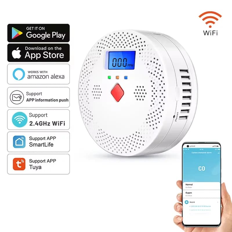 Tuya WiFi Smart Carbon Monoxide Detector Alarm 85dB Sound Warning LCD Digital Display Home Indoor CO Alert Siren