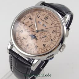 Corgeut 42mm Automatic Men's Watch Date Day Month Year Salmon Dial Multifunction 316L Leather Strap Polished Case Day Night