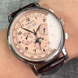 Corgeut 42mm Automatic Men's Watch Date Day Month Year Salmon Dial Multifunction 316L Leather Strap Polished Case Day Night