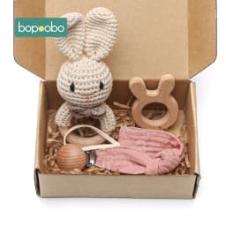 Bopoobo 3PCS/5PCS Crochet Bunny Baby Teether Rattle Animal Beech Wood Teether Pacifier Chain Crochet Rattle For Newborn Baby