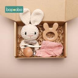 Bopoobo 3PCS/5PCS Crochet Bunny Baby Teether Rattle Animal Beech Wood Teether Pacifier Chain Crochet Rattle For Newborn Baby