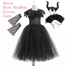 2-10Y Maleficent Mesh Frock Off Shoulder Gothic Black Tutu Dress Evil Queen Villain Cosplay Clothing Halloween Toddler Apparel
