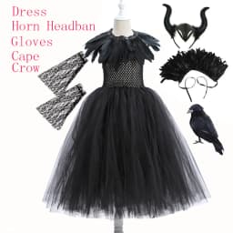 2-10Y Maleficent Mesh Frock Off Shoulder Gothic Black Tutu Dress Evil Queen Villain Cosplay Clothing Halloween Toddler Apparel