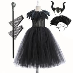 2-10Y Maleficent Mesh Frock Off Shoulder Gothic Black Tutu Dress Evil Queen Villain Cosplay Clothing Halloween Toddler Apparel