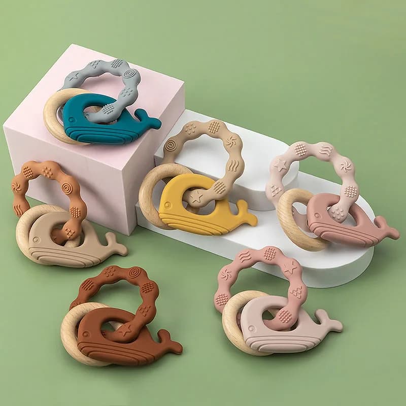 1pc Baby Teether Silicone Bracelet Cute Animal Silicone Pendant Wood Ring Teething Rattle for Baby Accessories Toys