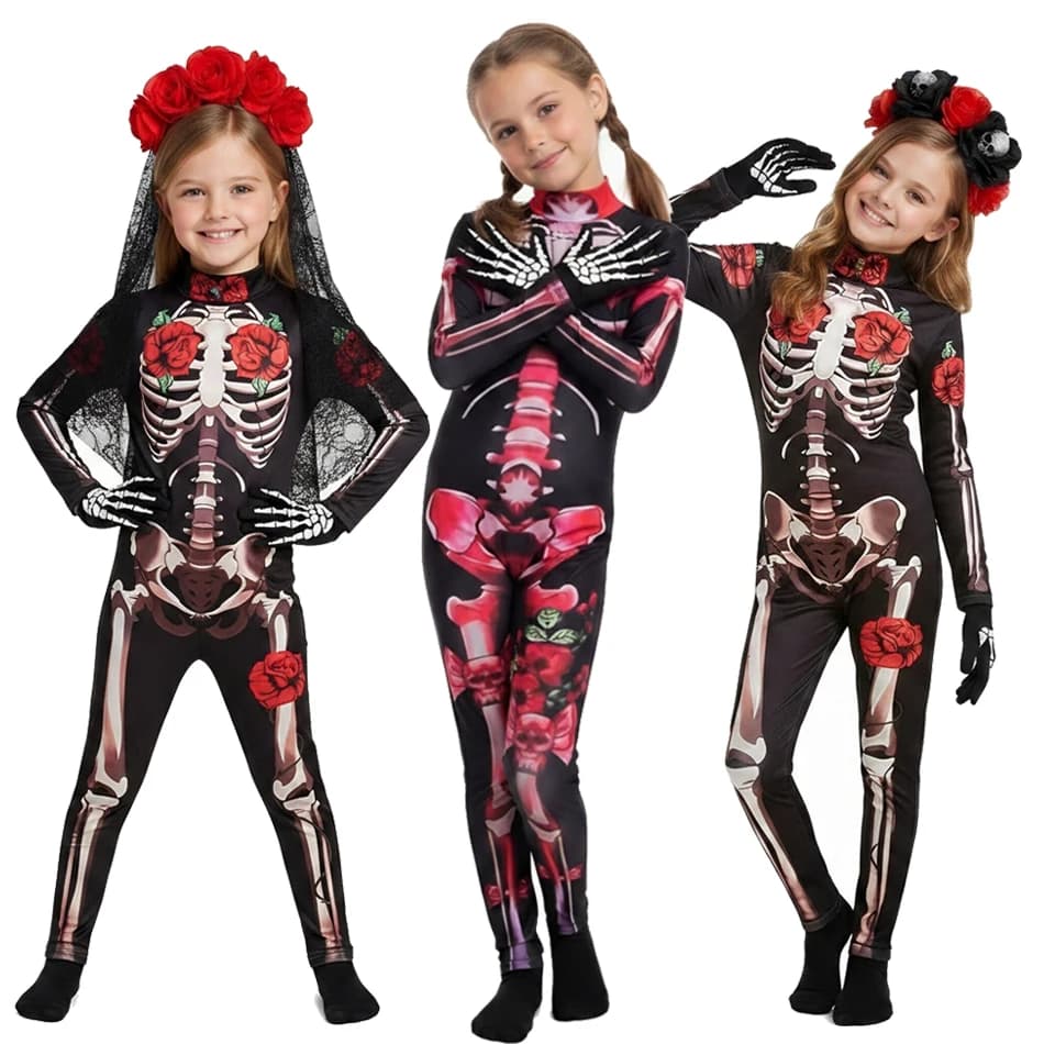 Girls Rose Skeleton Scary Halloween Cosplay Ghost Bride Gothic Jumpsuit Costume Dress Role Play Carnival Children Party Outfit