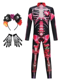 Girls Rose Skeleton Scary Halloween Cosplay Ghost Bride Gothic Jumpsuit Costume Dress Role Play Carnival Children Party Outfit