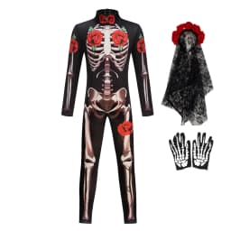 Girls Rose Skeleton Scary Halloween Cosplay Ghost Bride Gothic Jumpsuit Costume Dress Role Play Carnival Children Party Outfit