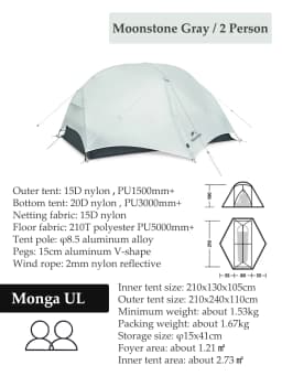 Naturehike Mongar Tent Camping Tent 2 Person Ultralight Professional Waterproof & Windproof Backpack Tent 20D Nylon Travel Tent