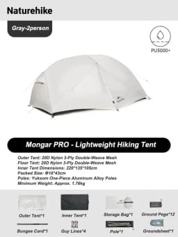 Naturehike Mongar Tent Camping Tent 2 Person Ultralight Professional Waterproof & Windproof Backpack Tent 20D Nylon Travel Tent