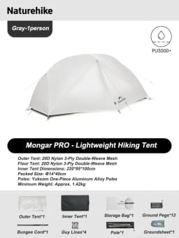 Naturehike Mongar Tent Camping Tent 2 Person Ultralight Professional Waterproof & Windproof Backpack Tent 20D Nylon Travel Tent