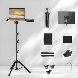 Portable Projector Floor Stand Adjustable Height Projector Tripod Stand with 2 Shelves, Laptop Tripod on Wheels With Two Clip