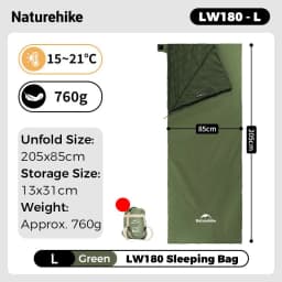 Naturehike Sleeping Bag LW180 Ultralight Waterproof Cotton Sleeping Bag Summer Hiking Camping Sleeping Bag Envelope Sleeping Bag