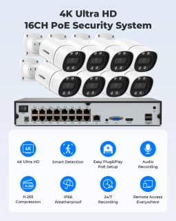 H.View 16Ch 4K CCTV Security Surveillance Camera Systems 5Mp 8Mp Home Video Kit AI Audio Outdoor IP Camera POE XMEYE App NVR