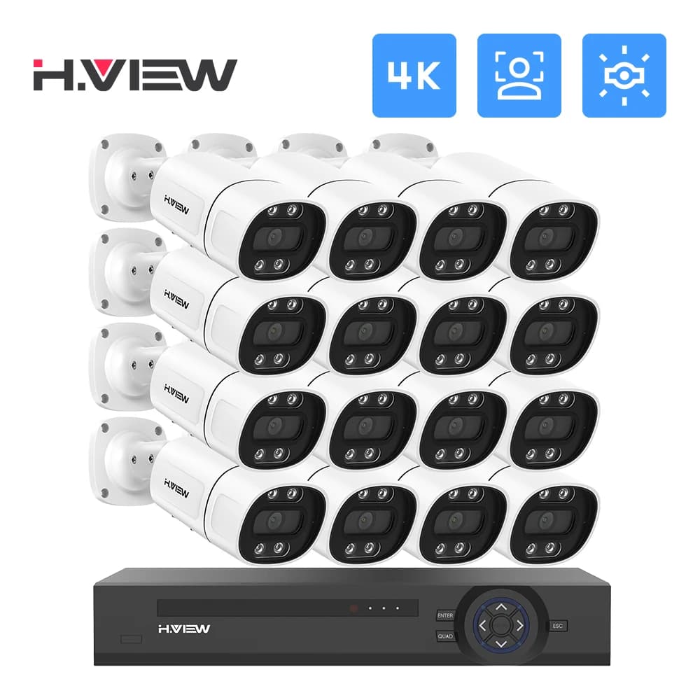 H.View 16Ch 4K CCTV Security Surveillance Camera Systems 5Mp 8Mp Home Video Kit AI Audio Outdoor IP Camera POE XMEYE App NVR
