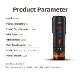 HiBREW Portable Coffee Machine for Car & Home,DC12V Expresso Coffee Maker Fit Nexpresso Dolce Pod Capsule Coffee Powder H4