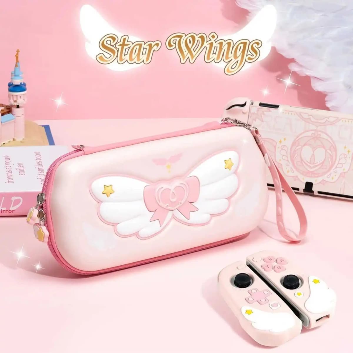 Geekshare Star Wing Pink Protective Case Storage Bag Carrying Case for Regular Switch /Switch OLED Joy Con