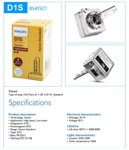Philips HID D1S 35W Xenon Standard 4200K Auto Original Headlight Car Original White Bulbs Replacement Upgrade D1 ECE 85415C1, 1X