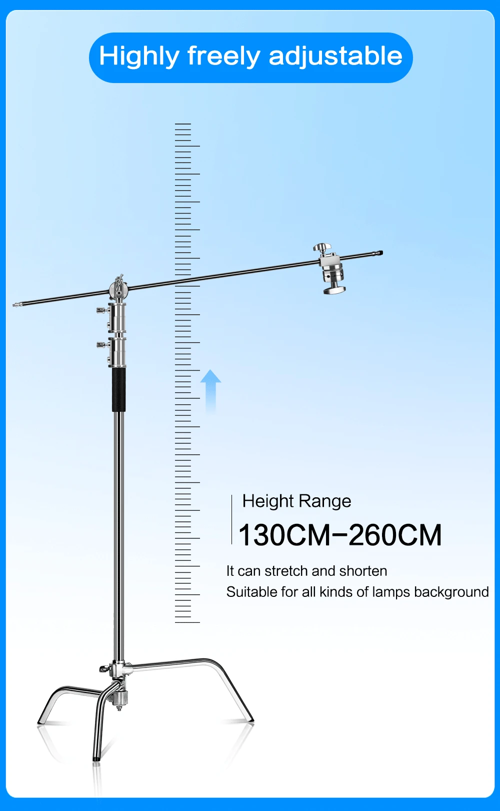 260cm Stainless Photography Tripod C-stand Light Stand 100% Metal 8.53ft With Boom Arm Professional For Photo Studio Softbox