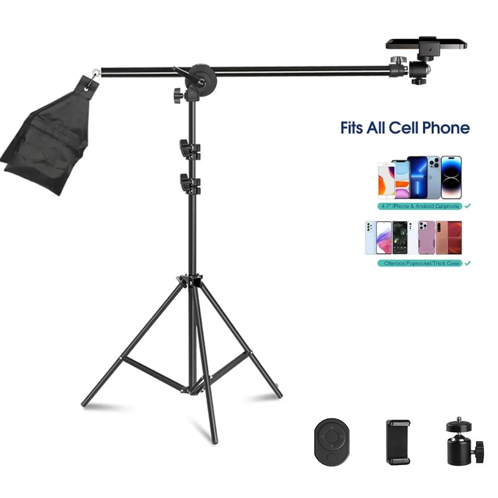 Phone Tripod C Stand for Photo Studio 2M with 1.4M Crossbar Boom Arm Sandbag Supporting Photography Phone Flash Video Record