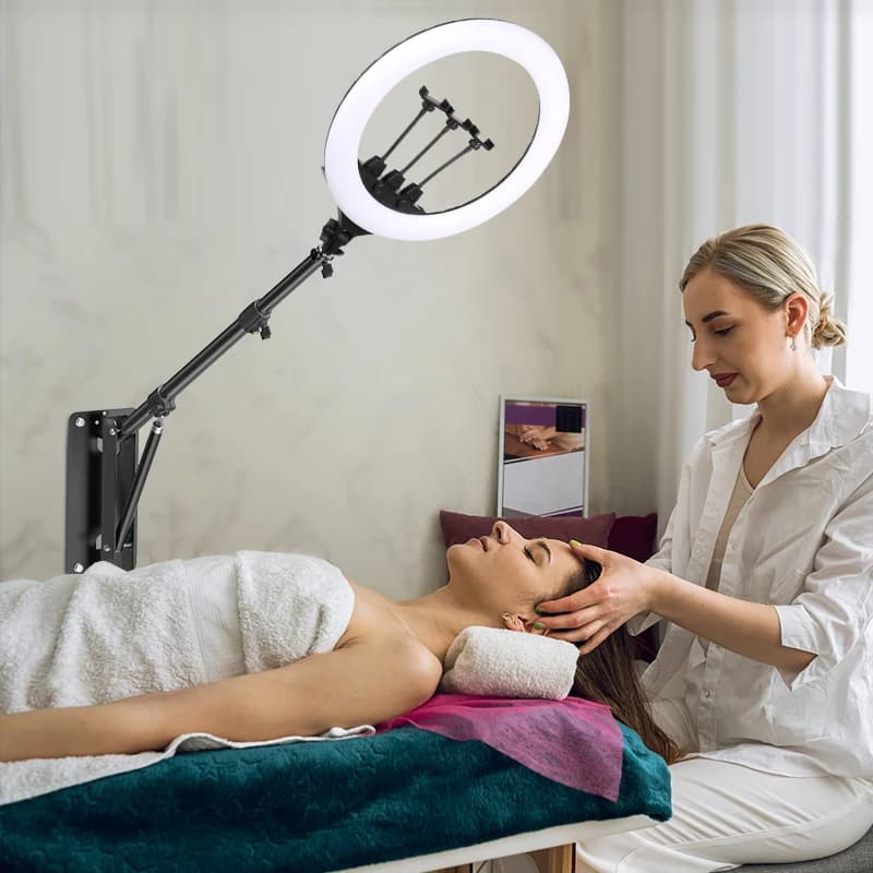 22inch Ring Light With 54/67inch Wall Mount Boom Arm Photo Studio Kit 180º Flexible 3/8" 1/4" Thread Stand And Led Fill Light