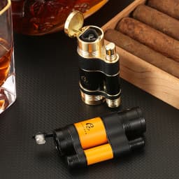 GALINER Luxury Cigar Set Accessories Metal Ashtray Cigar Lighter Butane Gas 2 Fire Lighters W/ Cutter Punch Leather Cigar Case