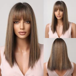 ALAN EATON Ombre Brown Blonde Layered Synthetic Wigs for White Women Shoulder Length Natural Wavy Wigs with Bangs Heat Resistant
