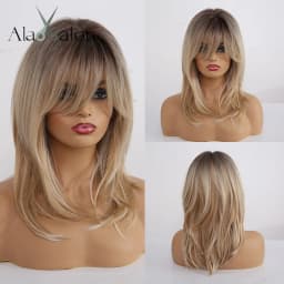 ALAN EATON Ombre Brown Blonde Layered Synthetic Wigs for White Women Shoulder Length Natural Wavy Wigs with Bangs Heat Resistant