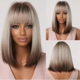 ALAN EATON Ombre Brown Blonde Layered Synthetic Wigs for White Women Shoulder Length Natural Wavy Wigs with Bangs Heat Resistant