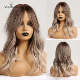 ALAN EATON Ombre Brown Blonde Layered Synthetic Wigs for White Women Shoulder Length Natural Wavy Wigs with Bangs Heat Resistant