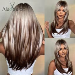 ALAN EATON Ombre Brown Blonde Layered Synthetic Wigs for White Women Shoulder Length Natural Wavy Wigs with Bangs Heat Resistant