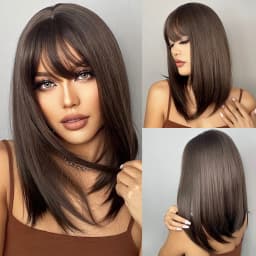ALAN EATON Ombre Brown Blonde Layered Synthetic Wigs for White Women Shoulder Length Natural Wavy Wigs with Bangs Heat Resistant
