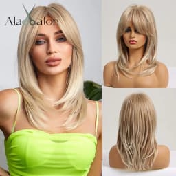 ALAN EATON Ombre Brown Blonde Layered Synthetic Wigs for White Women Shoulder Length Natural Wavy Wigs with Bangs Heat Resistant