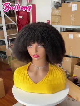 4B Fluffy Afro Kinky Curly Human Hair Wigs With Bangs Natural Put On And Go Ready To Wear Human Hair Wigs Without Glue And Gel