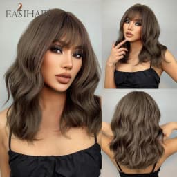 Short Wavy Bob Synthetic Wigs Brown to Blonde Ombre Hair Wigs for Women with Bangs Cosplay Lolita Natural Wig Heat Resistant