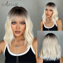 Short Wavy Bob Synthetic Wigs Brown to Blonde Ombre Hair Wigs for Women with Bangs Cosplay Lolita Natural Wig Heat Resistant