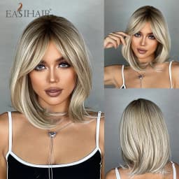 Short Wavy Bob Synthetic Wigs Brown to Blonde Ombre Hair Wigs for Women with Bangs Cosplay Lolita Natural Wig Heat Resistant