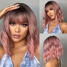 Short Wavy Bob Synthetic Wigs Brown to Blonde Ombre Hair Wigs for Women with Bangs Cosplay Lolita Natural Wig Heat Resistant