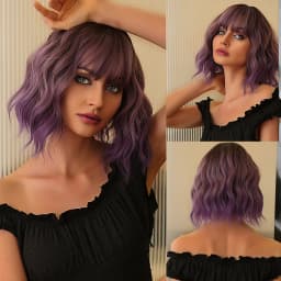 Short Wavy Bob Synthetic Wigs Brown to Blonde Ombre Hair Wigs for Women with Bangs Cosplay Lolita Natural Wig Heat Resistant