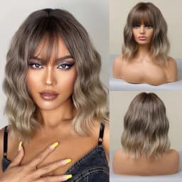 Short Wavy Bob Synthetic Wigs Brown to Blonde Ombre Hair Wigs for Women with Bangs Cosplay Lolita Natural Wig Heat Resistant