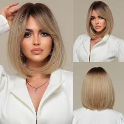 Short Wavy Bob Synthetic Wigs Brown to Blonde Ombre Hair Wigs for Women with Bangs Cosplay Lolita Natural Wig Heat Resistant