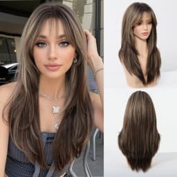 HENRY MARGU Long Straight Synthetic Wigs for Women Natural Brown Blonde Wig with Bangs Heat Resistant Cosplay Party Hair