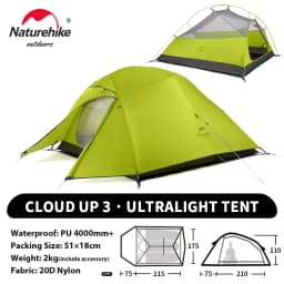 Naturehike Upgraded Cloud Up 3 Person Tent Outdoor Camping Tent Ultralight Waterproof Tent Free Standing Hiking Backpacking Tent
