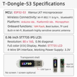 LILYGO® T-Dongle-S3 ESP32-S3 Dongle With 0.96 inch ST7735 LCD Display Screen Support WiFi BLE Hidden TF Card Development Board