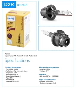 Philips HID D1S D2S D2R D3S D4S D5S 35W Xenon Standard 4200K Auto Original Headlight Car Genuine Bulb Replacement Upgrade, 1pcs
