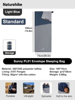 Naturehike Sleeping Bag LW180 Ultralight 3 Season Camping Hiking Sleeping Bags Outdoor Portable Waterproof Cotton Sleeping Bag
