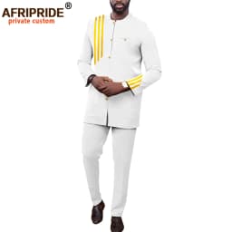 Bazin Men African Clothing for Men Suit Fashion Set Single Breasted Jacket Trousers Casual Business Attire for Wedding A2216070