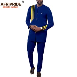 Bazin Men African Clothing for Men Suit Fashion Set Single Breasted Jacket Trousers Casual Business Attire for Wedding A2216070