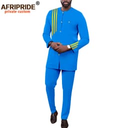 Bazin Men African Clothing for Men Suit Fashion Set Single Breasted Jacket Trousers Casual Business Attire for Wedding A2216070