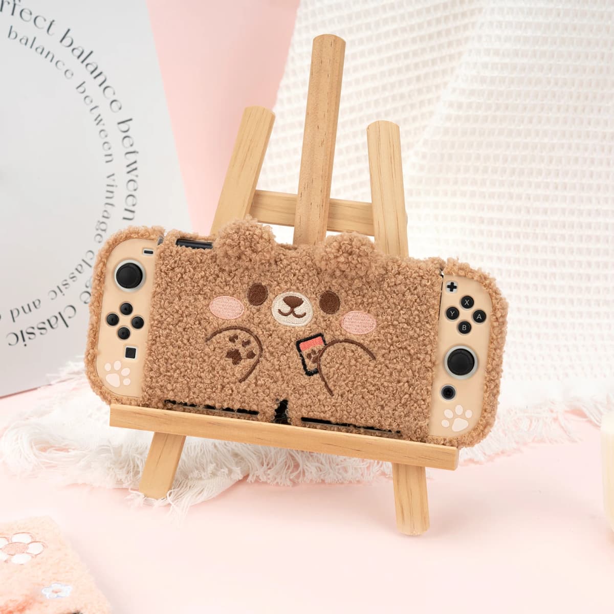 GeekShare Protective Case for Switch 1/ Switch OLED/Switch 2, Bear Plush NS Hard Shell Split Joy-con Cover For NS Accessories